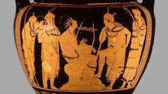 Изображение на митичния тракийски певец и музикант Орфей върху древногръцка ваза.