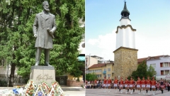 Паметникът на Христо Ботев (вляво) в Ботевград и символът на града - часовниковата кула.