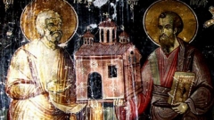 Св. Петър и Павел - фрагмент от стенопис в манастира в Арденица, 1744 г.